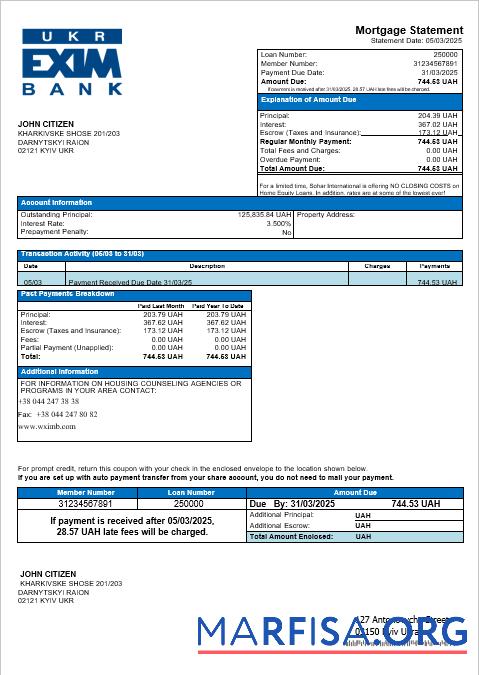 Downloadable Ukraine Ukreximbank bank mortgage statement in Word and PDF formats real example